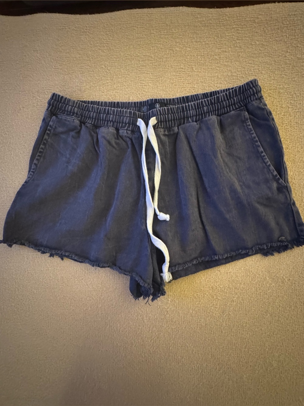 Volcom Navy Drawstring Frayed Hem Athletic Shorts
